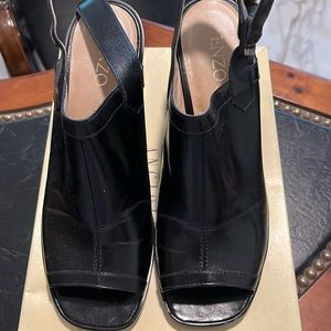 Enzo Angiolini black leather open back heels